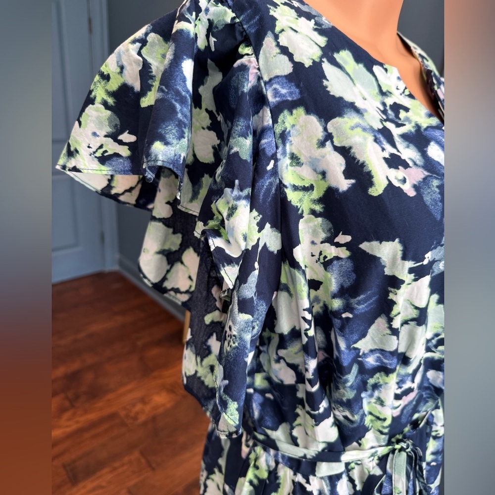 Floral Midi Dress Navy Green Tie Waist Pockets Short Sleeve 1X - Picture 4 of 8